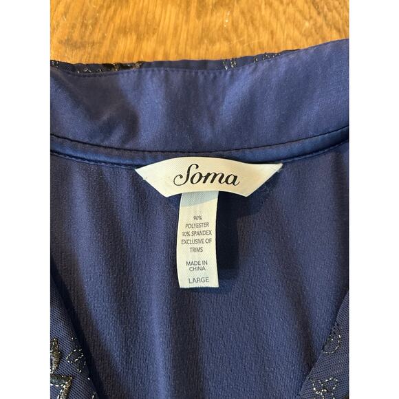 Soma Pajama Set Deep Blue with Black Silver Lace Accent Trim Stretch Sz L - Picture 3 of 9